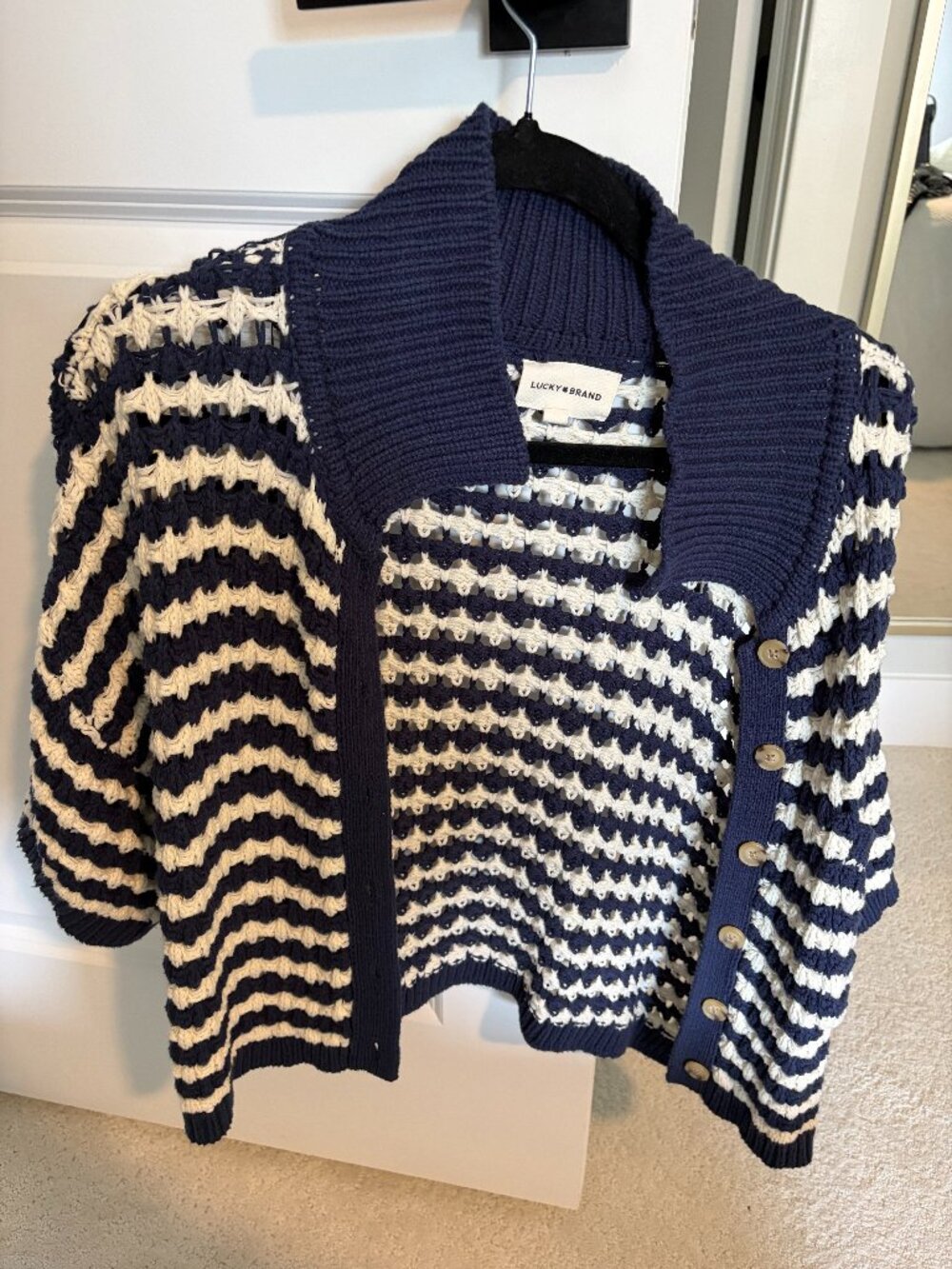 Lucky Brand Crochet Blue and White Cropped Cardigan Size Medium